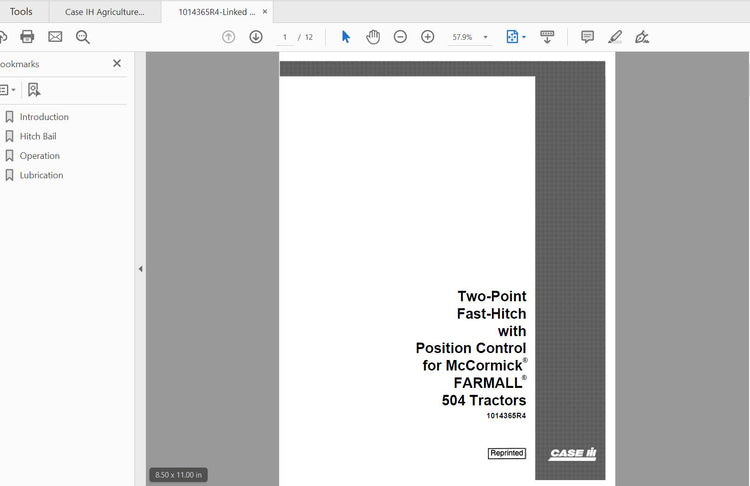 CASE IH TRACTOR 504 TWO POINT HITCH WITH POSITION CONTROL – IH OPERATOR’S MANUAL 1014365R4 - PDF FILE
