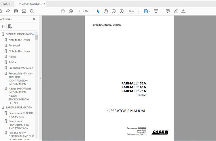CASE IH TRACTOR FARMALL 55A,65A,75A 51590513 OPERATOR’S MANUAL - PDF FILE