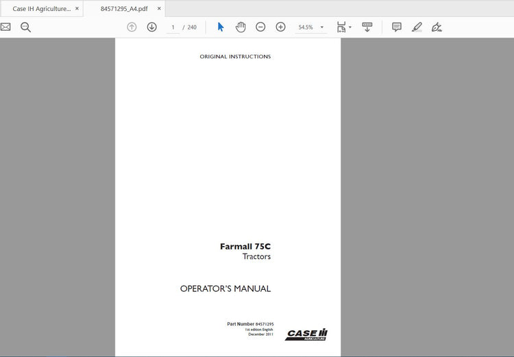 CASE IH TRACTOR FARMALL 75C 84571295 OPERATOR’S MANUAL - PDF FILE