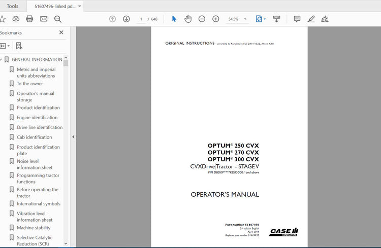 CASE IH TRACTOR OPTUM 250,270,300 CVX CVXDRIVE STAGE V 51607496 OPERATOR’S MANUAL - PDF FILE