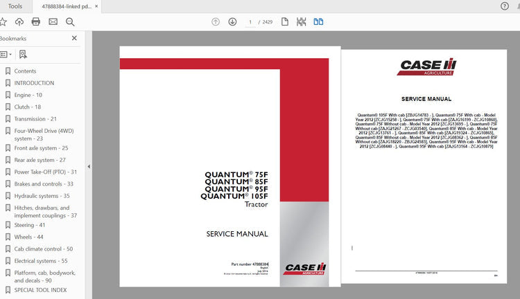 CASE IH TRACTOR QUANTUM 75F, QUANTUM 85F, QUANTUM 95F, QUANTUM 105F SERVICE MANUAL 47888390 - PDF FILE