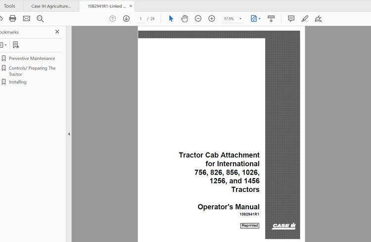 CASE IH TRACTOR TRACTOR CAB ATTACHMENT FOR 756,826,856,1026,1256,1456 1082941R1 OPERATOR’S MANUAL - PDF FILE