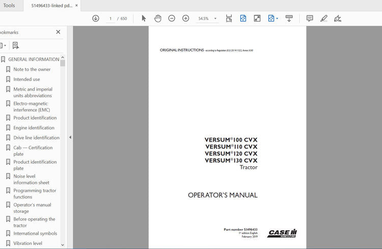CASE IH TRACTOR VERSUM 100,110,120,130 CVX 51496433 OPERATOR’S MANUAL - PDF FILE