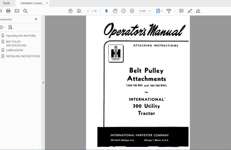 CASE IH TRACTOR BELT PULLEY ATTACHMENTS FOR INTL 300 UTILITY TRACTOR - 1004460R1 OPERATOR’S MANUAL - PDF FILE