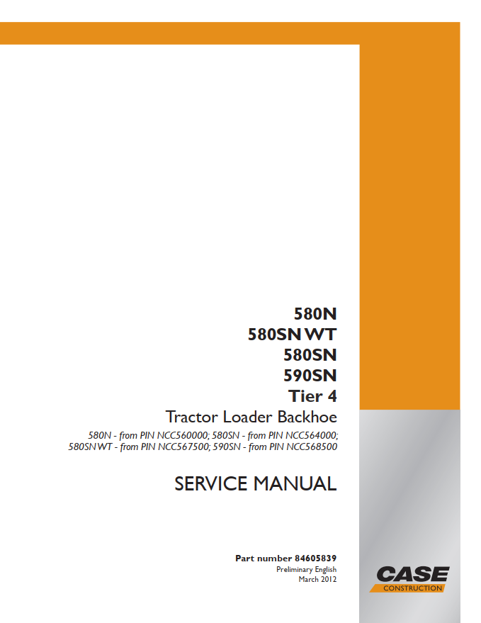 Case Track Loader Backhoe 580N, 580SN, 580SN WT, 590SN Service Manual PDF
