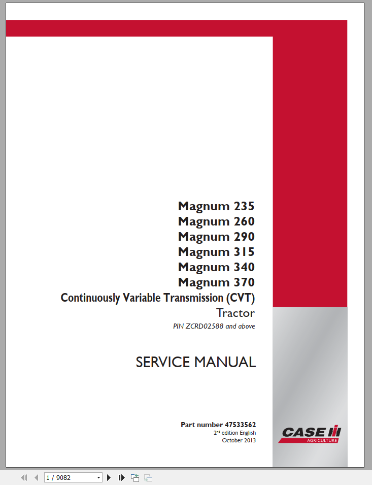 CASE TRACTOR MAGNUM 235, 260, 290, 315, 340, 370 CVT SERVICE MANUAL - PDF FILE