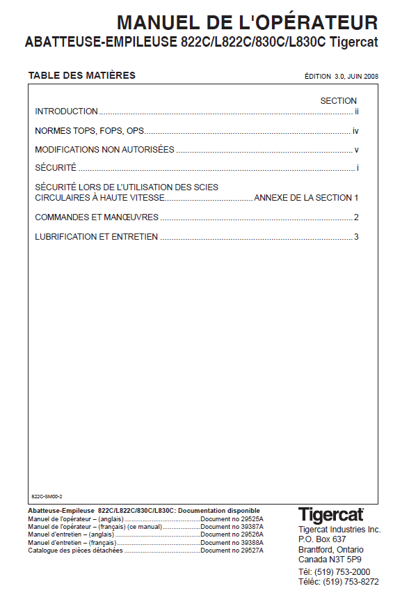 TIGERCAT 822C FELLER BUNCHER OPERATOR MANUAL (82211001-82213000, 82211001-82211999)