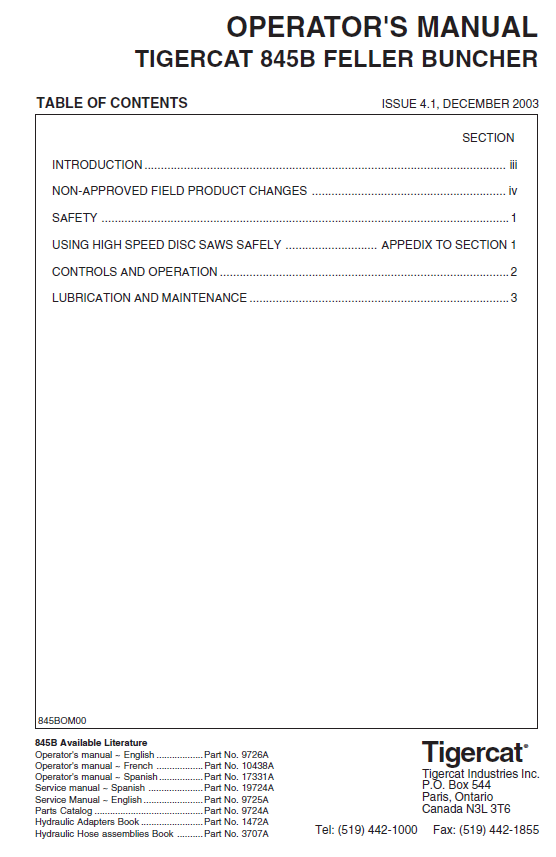 TIGERCAT 845B FELLER BUNCHER OPERATOR MANUAL (8450501-8451499) - PDF FILE DOWNLOAD