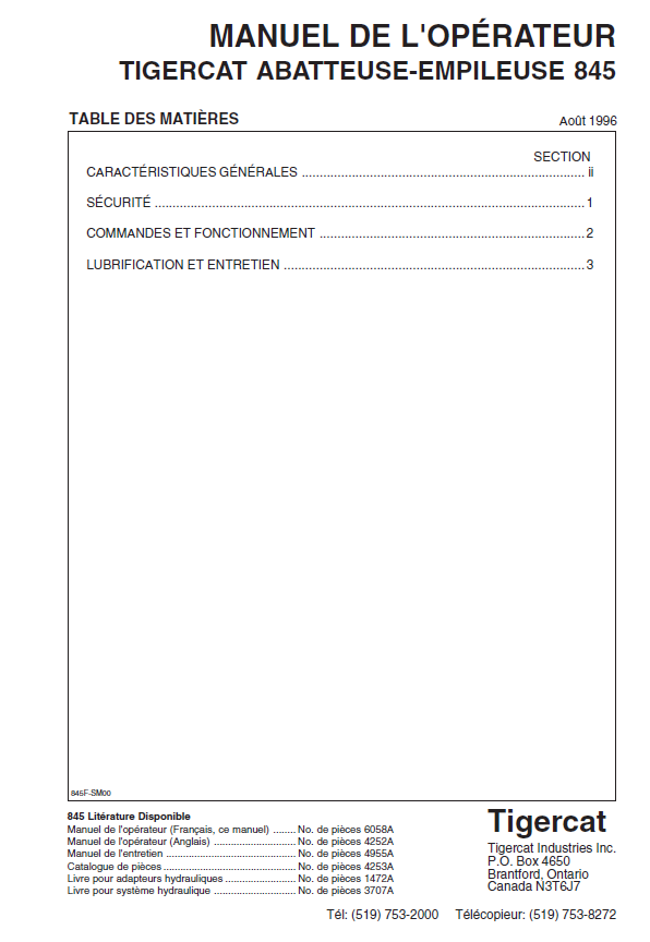 TIGERCAT 845 FELLER BUNCHER OPERATOR MANUAL (8450101-8450475)