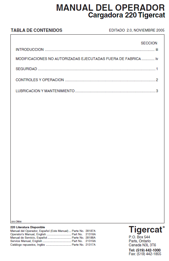 TIGERCAT 220 LOADER OPERATOR/USER MANUAL (2200111-2200500)