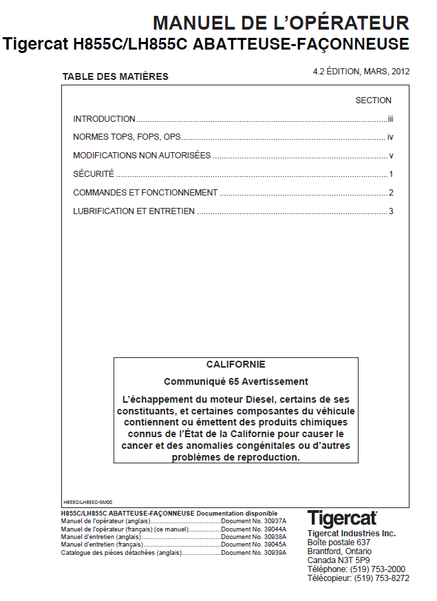 TIGERCAT H855C HARVESTER OPERATOR/USER MANUAL (85530101-85532000, 85530101-85531000)