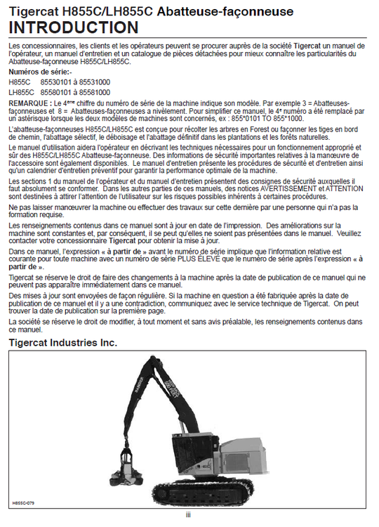 TIGERCAT LH855C HARVESTER OPERATOR/USER MANUAL (85580101-85582000, 85580101-85581000)