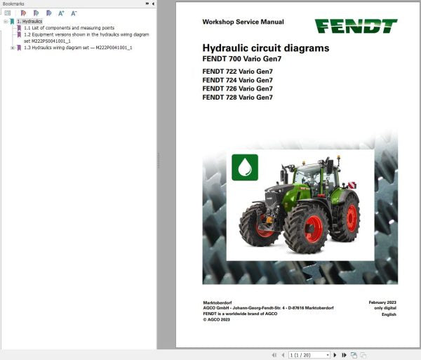FENDT 700 VARIO GEN7 VIN 706, 707, 708, 709 HYDRAULIC CIRCUIT 968199 DIAGRAMS MANUAL - PDF FILE