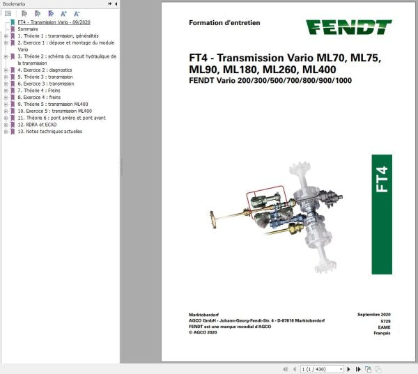 FENDT FT4 TRASMISSION VARIO ML70 TO ML400 5729 TRAINING MANUAL - PDF FILE
