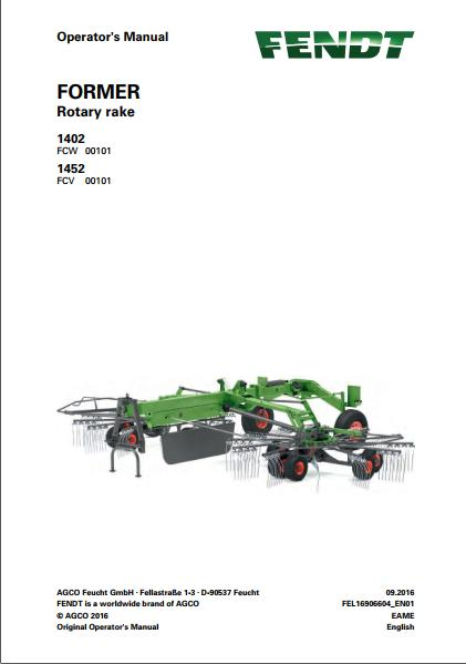 FENDT Former 1402 1452 Rotary Rake Operator Manual PDF