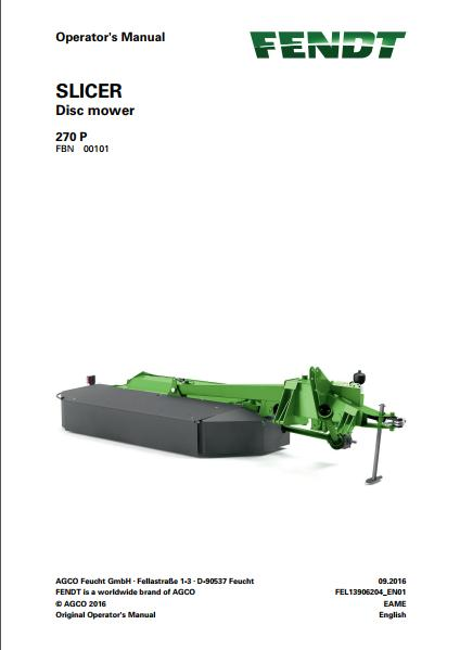 FENDT Slicer 270 P Disc mower Operator Manual PDF
