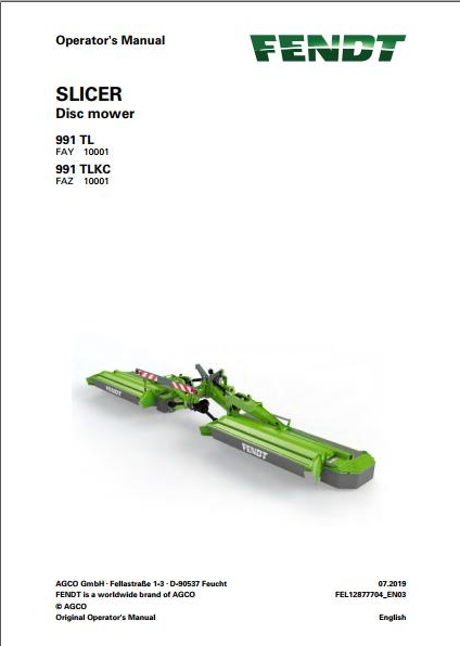 FENDT Slicer 991 TL TLKC Disc mower Operator Manual PDF