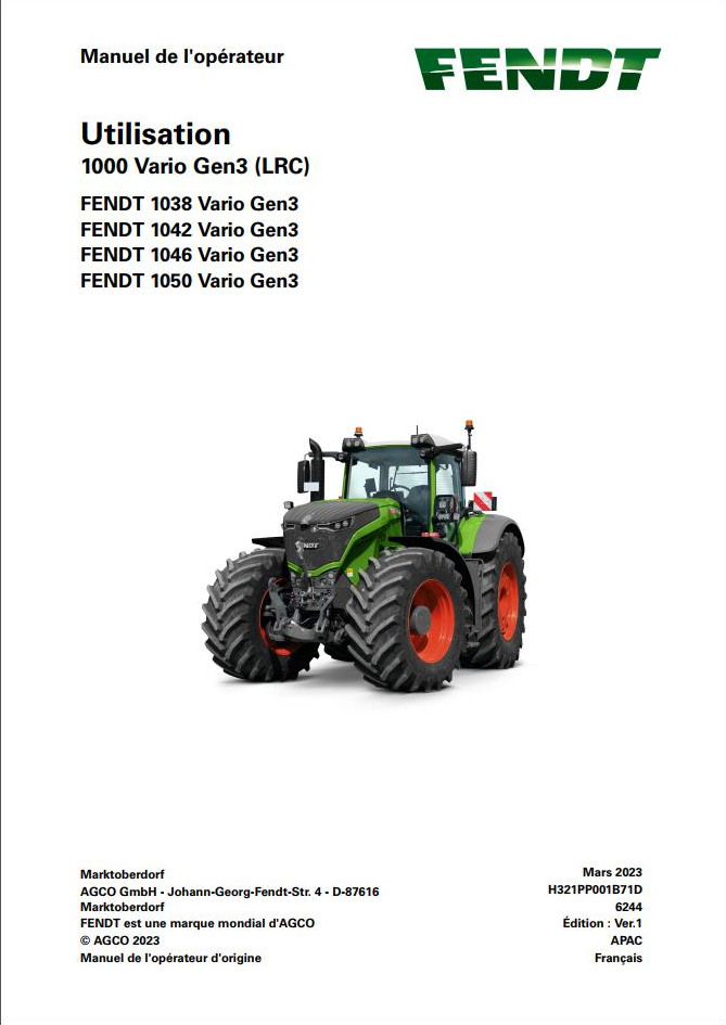 Fendt 1038 1042 1046 1050 Vario Gen3 LRC Operating Manual H321PP001B71D PDF