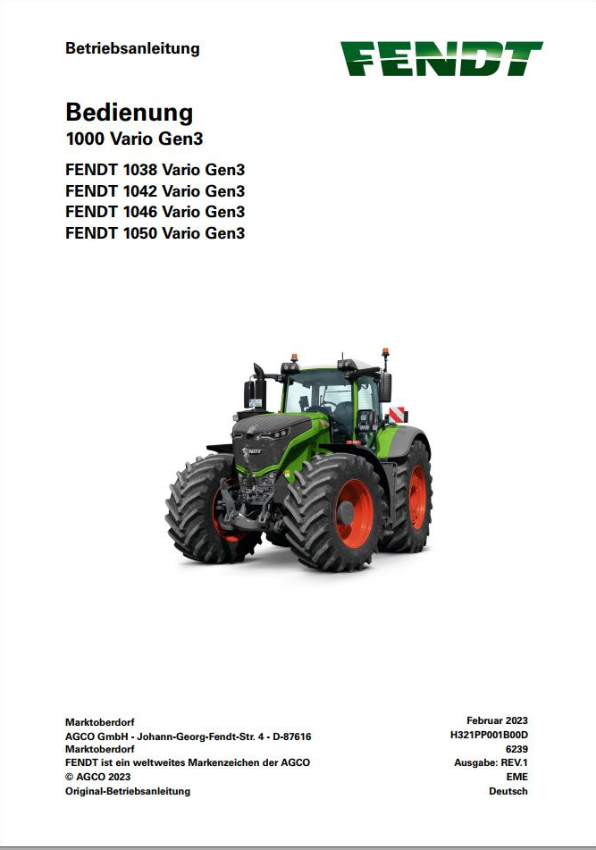 Fendt 1038 1042 1046 1050 Vario Gen3 Operation Manual H321PP001B00D PDF