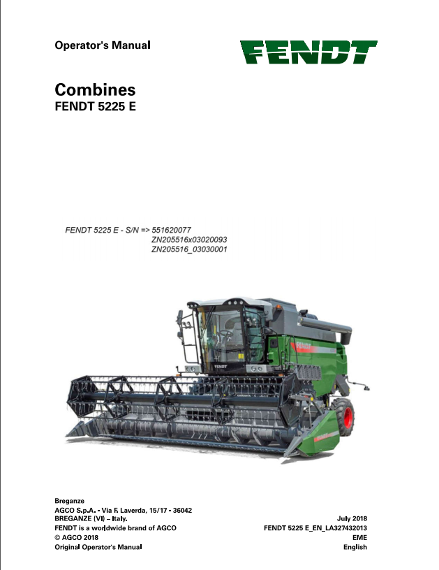 Fendt Eu Harvesting 5225E Combine Operator Manual 2019 3274323F PDF
