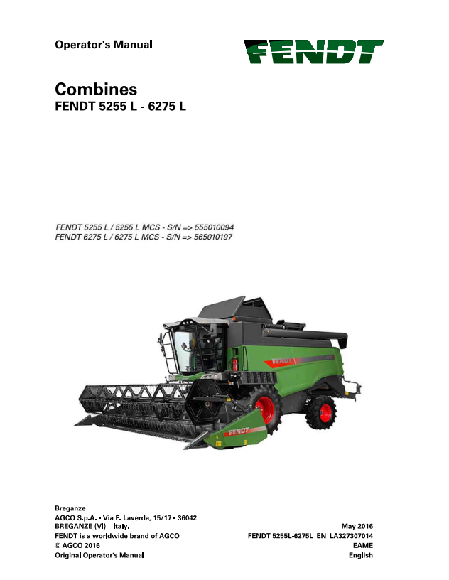 Fendt Eu Harvesting 5255l 6275l Combine Operator Manual 2016 3273074F PDF
