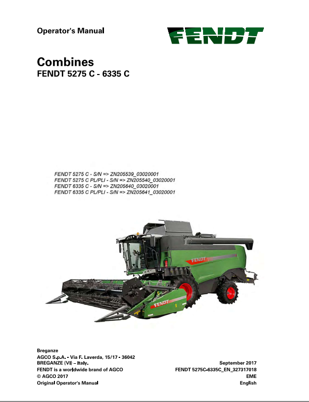 Fendt Eu Harvesting 5275C-6335C Combine Operator Manual 2018 3273178F PDF
