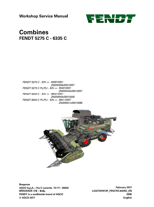 Fendt Eu Harvesting 5275C-6335C Combine Workshop Service Manual 2017 3273014F PDF