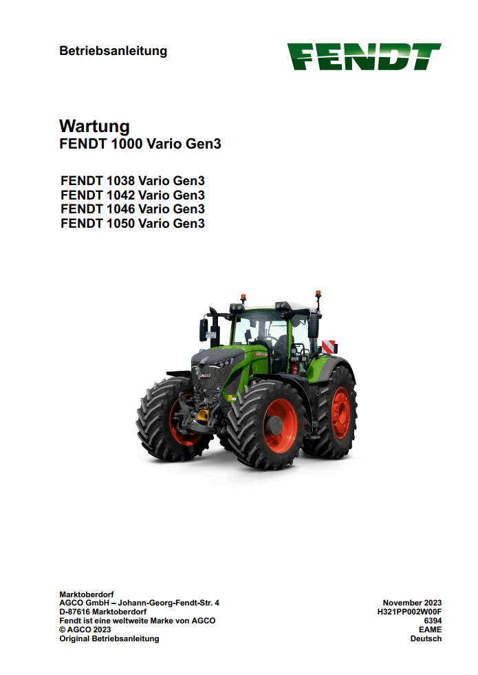 Fendt Tractor 1000 Vario Gen3 VIN 544 545 546 547 Operation Repair Electrical Manual DE PDF