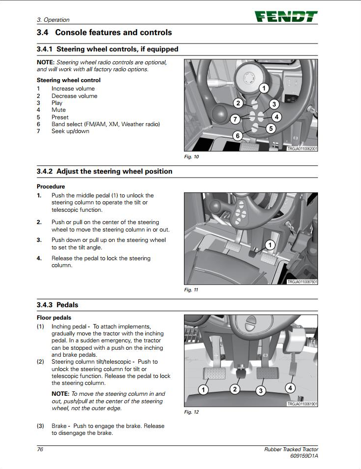Fendt Tractor 1151 to 1167 Vario MT Operator Manual 609159D1A PDF