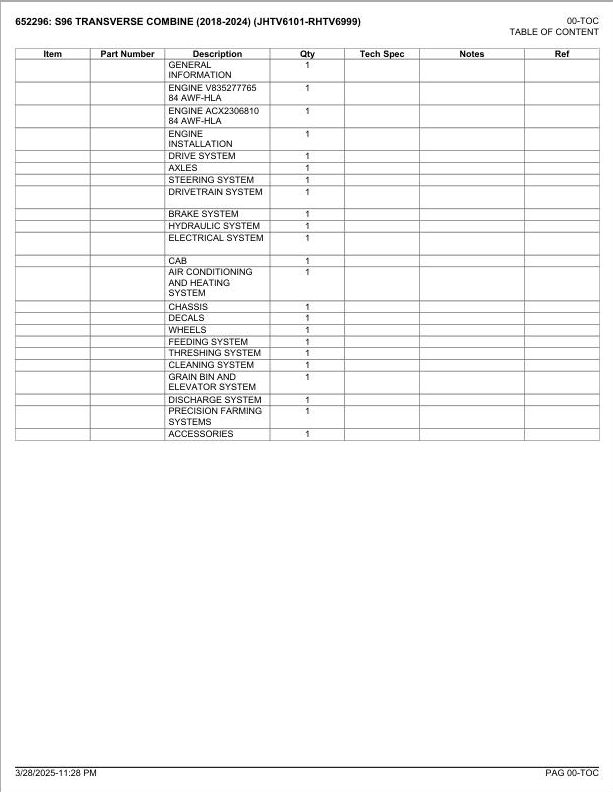 Fendt Transverse Combine S96 2018-2024 Spare Parts Catalog Manual PDF