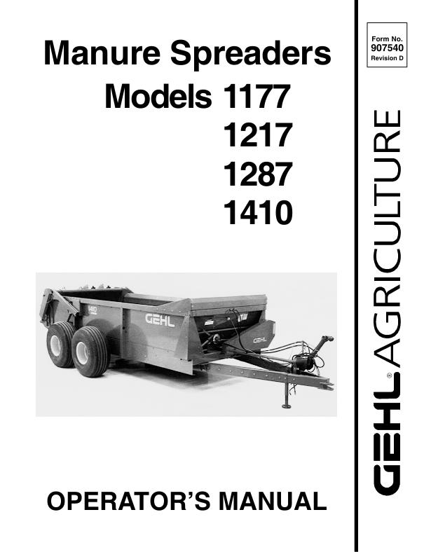 GEHL 1177, 1217, 1287 & 1410 Manure Spreaders (907540D) Operator Manual PDF Download
