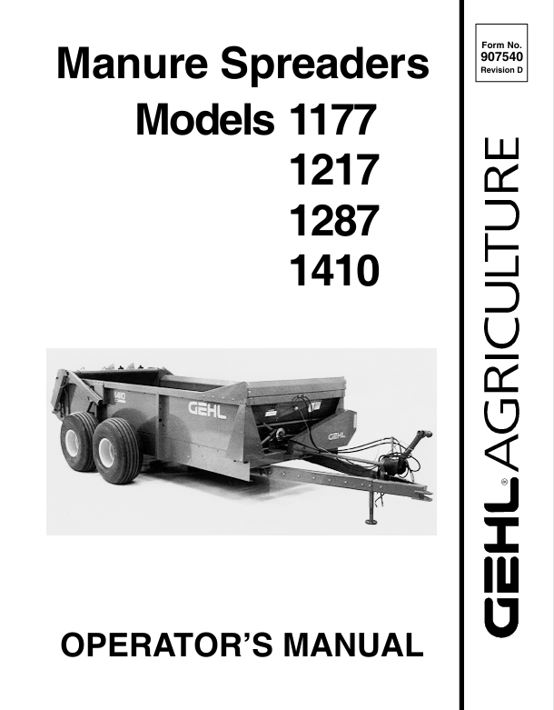 GEHL 1177, 1217, 1287, 1410 MANURE SPREADERS (907540) OPERATOR MANUAL PDF DOWNLOAD