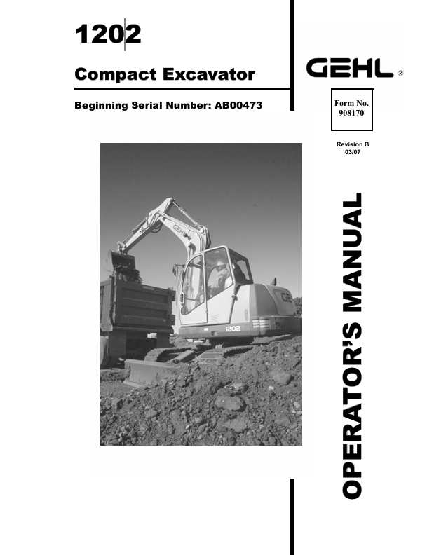 GEHL 1202 Crawler Excavator (908170B) Operator Manual PDF Download