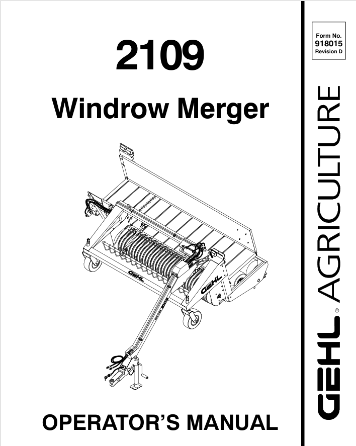 GEHL 2109 Windrow Merger (908015D) Operator Manual PDF – Complete Operation & Maintenance Guide