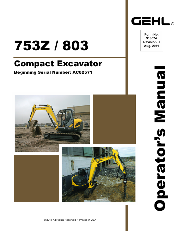 GEHL 753Z & 803 Crawler Excavator (918074D) Operator Manual PDF Download