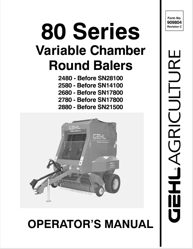 GEHL 80 Series Variable Chamber Round Balers (909804) Operator Manual PDF Download