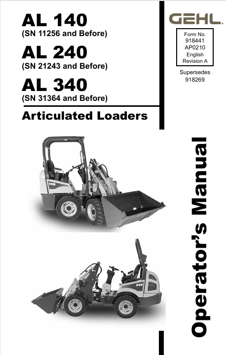 GEHL AL140, AL240 & AL340 Articulated Loaders Operator Manual PDF (918441A)
