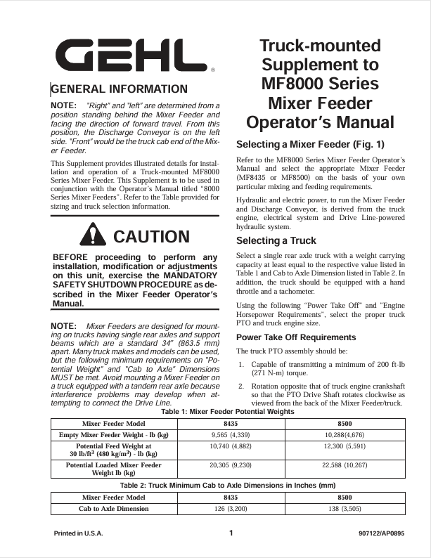 GEHL MF8000 Series Mixer Feeder 907122A Operator Manual PDF Download