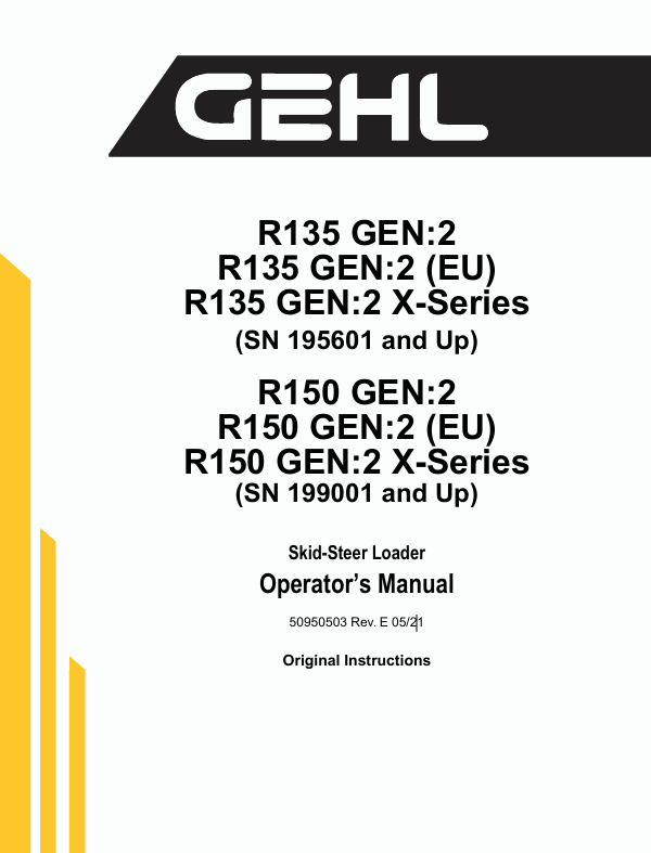GEHL R135 & R150 Skid-Steer Loader (50950503) Operator Manual PDF Download