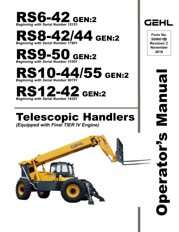 GEHL RS6-42, RS8-42/44, RS9-50, RS10-44/55, RS12-42 Operator Manual PDF (50960100) – Instant Download