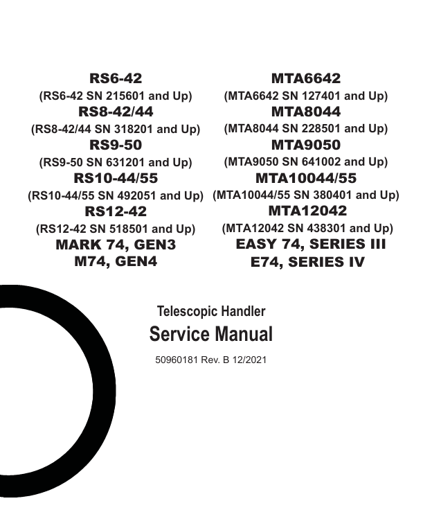 GEHL RS6-42, RS8-42/44, RS9-50, RS10-44/55 & RS12-42 Telescopic Handler Service Manual PDF Download (50960181)