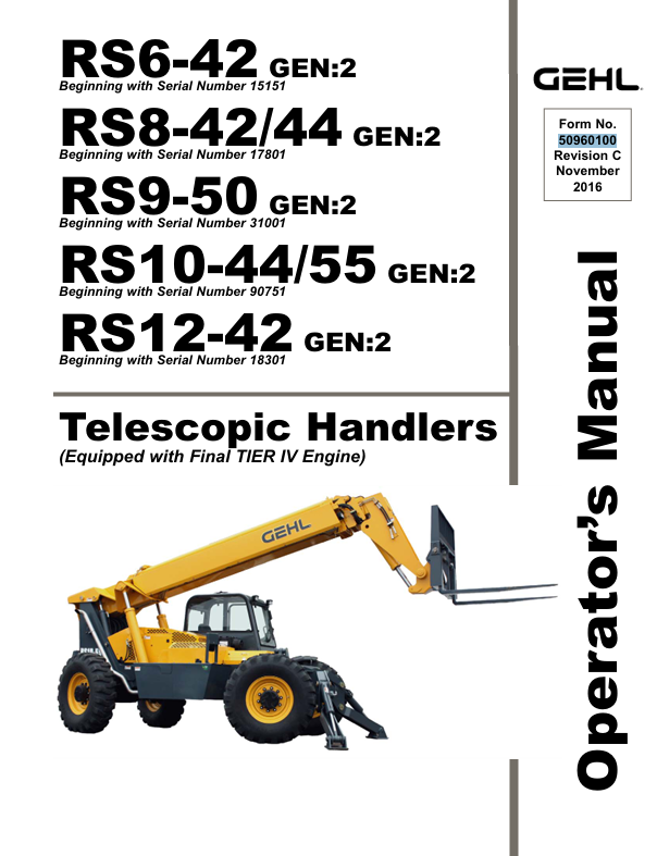 GEHL RS6-42 RS8-42/44 RS9-50 RS10-44/55 RS12-42 Telescopic Handler Operator Manual PDF Download (50960100C)