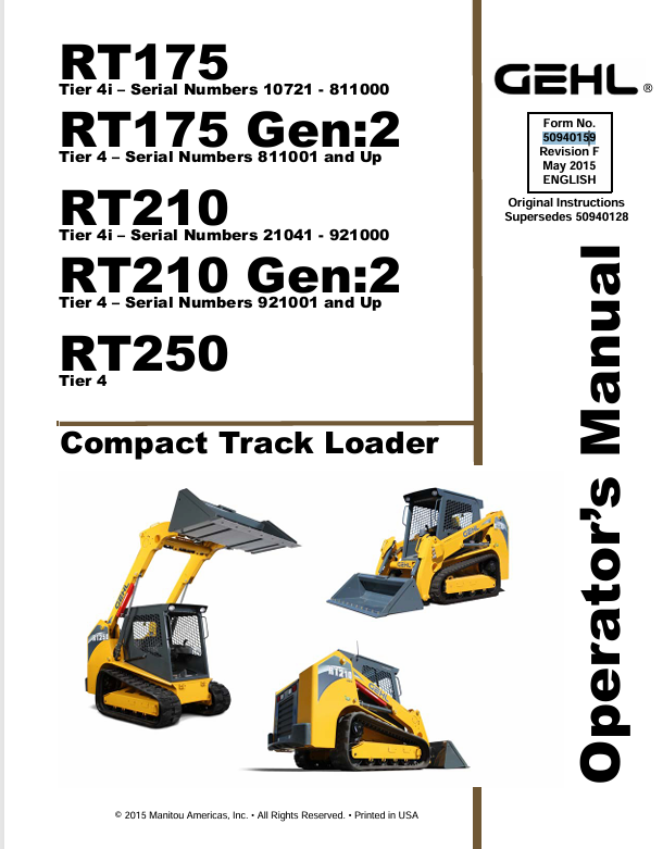 GEHL RT175 RT210 RT250 Compact Track Loader (50940159F) Operator Manual PDF Download