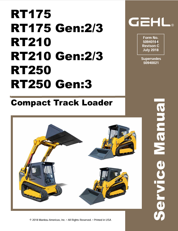 GEHL RT175 RT210 RT250 Compact Track Loaders 50940164 Service Manual PDF Download