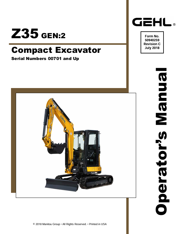 GEHL Z35 Crawler Excavator (50940259C) Operator Manual PDF Download