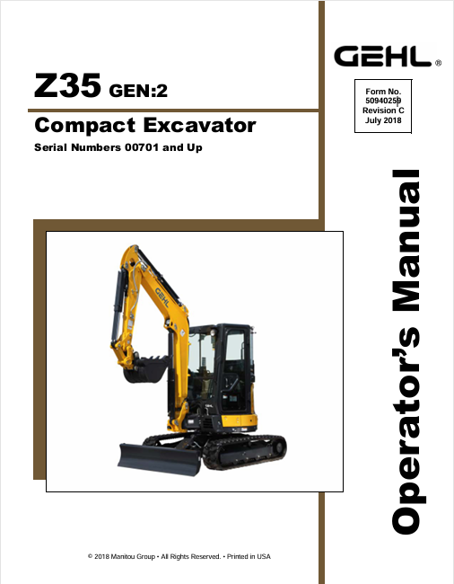 GEHL Z35 Crawler Excavator 50940259C Operator Manual PDF Download