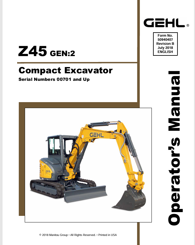 GEHL Z45 Crawler Excavator (50940407B) Operator Manual PDF Download | Complete Service Guide