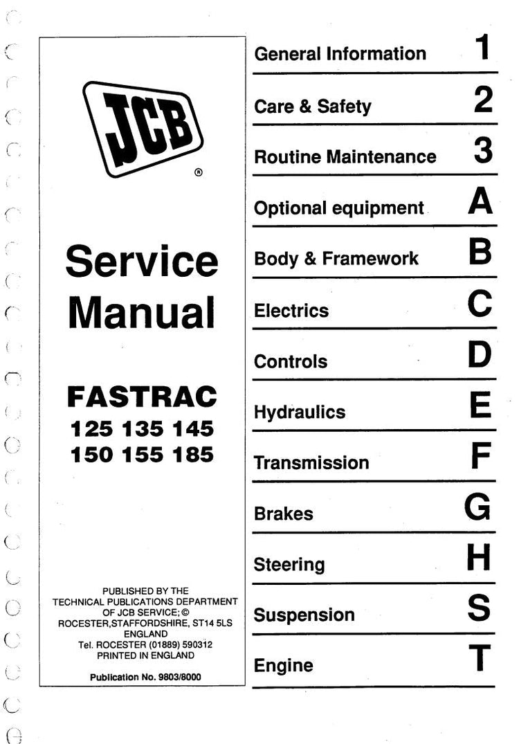 JCB 125, 135, 145, 150, 155, 185 Fastrac Service Manual – 9803/8000