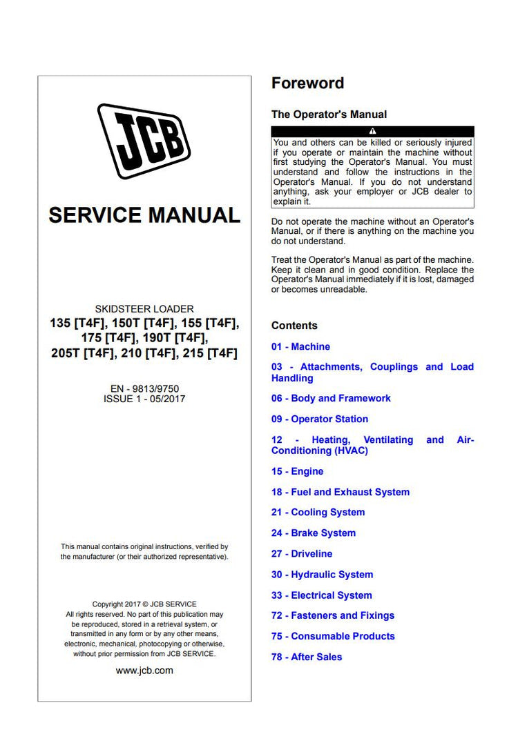 JCB 135, 150T, 155, 175, 190T, 205T, 210 & 215 T4F Skid Steer Loader Service Manual 9813/9750 PDF