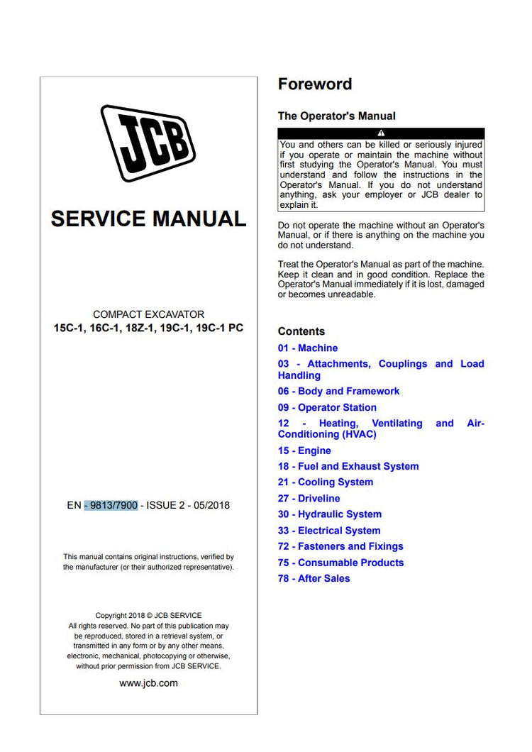 JCB 15C-1, 16C-1, 18Z-1, 19C-1 & 19C-1 PC Compact Excavator Service Manual - 9813/7900
